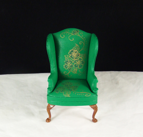 OOAK Green Leather Wingback Chair with Gold painted in 1" scale